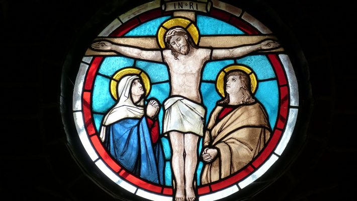 Stained glass of Jesus on the cross